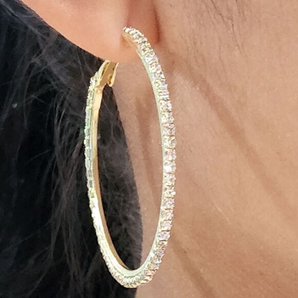 Bohemian Style Gold Plated Round Pave Rhinestone Oversized‎ Hoop Earrings 1.9in - Picture 2 of 16